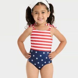 Cat & Jack Girls Size 4T One Piece Swimsuit USA Flag Stripes Stars UPF 50+